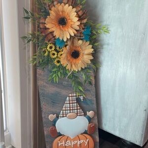 Happy Fall Sign From A Real Tree Autumn Tin Gnome Sunflower Teal Ribbon Handmade